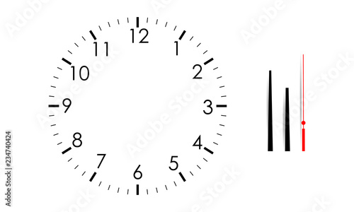 Blank clock face mock up with hour, minute and second hands, isolated on white background. Vector illustration photo