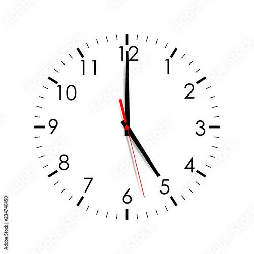 Clock Dial Shows 5:00 Isolated On White Background. Vector Illustration