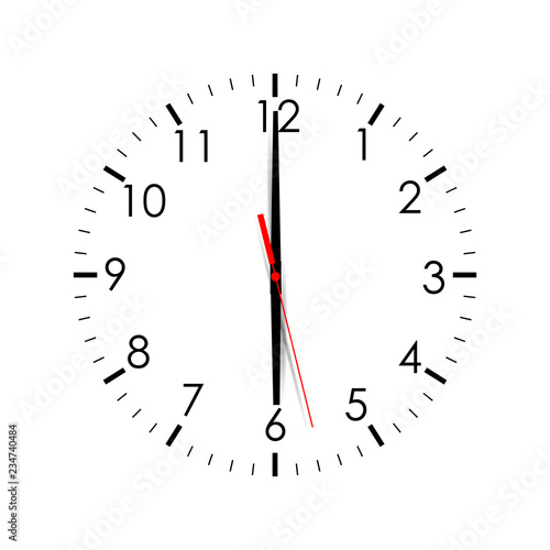 Clock dial shows 6:00 isolated on white background. Vector illustration