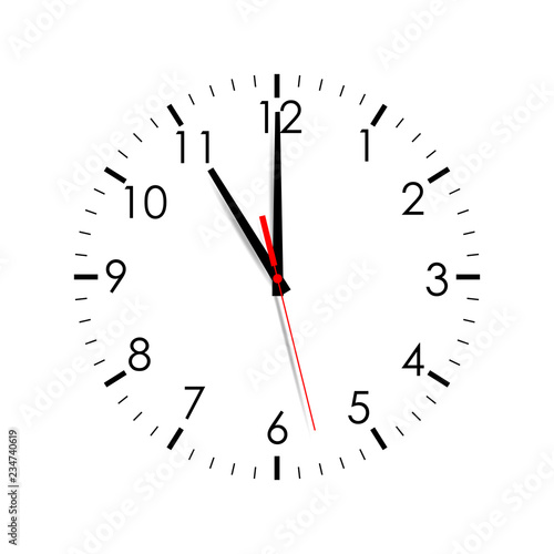 Clock face isolated on white background. 11 o'clock. Vector illustration
