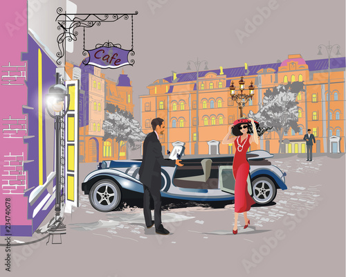 Series of colorful retro street views with fashion people in the old city. Hand drawn vector architectural background with historic buildings. Street musicians.
