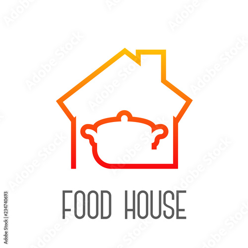 Logotipo con texto Food House con casa y olla lineal en color naranja