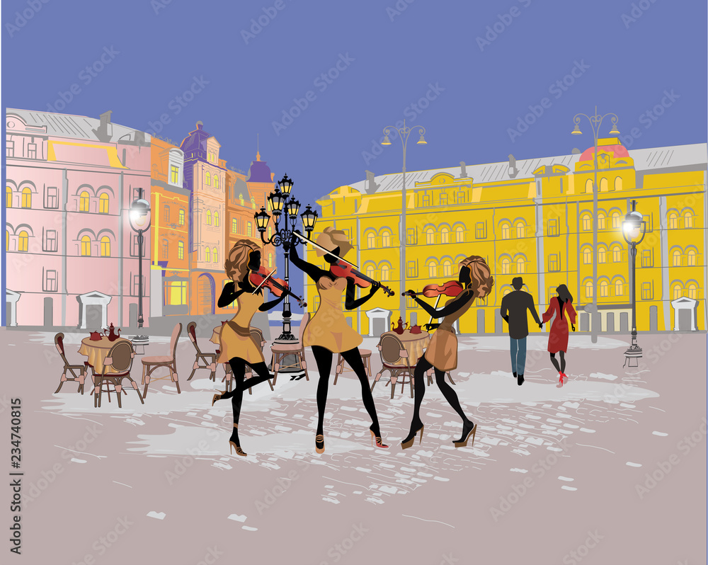 Fototapeta Seria kolorowych widoków ulicznych retro z modnymi ludźmi na starym mieście. Ręcznie rysowane tła architektoniczne z zabytkowych budynków. Muzycy uliczni.