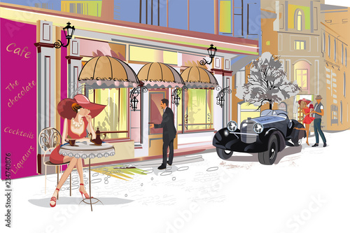 Series of colorful retro street views with fashion people in the old city. Hand drawn vector architectural background with historic buildings. Street musicians.
