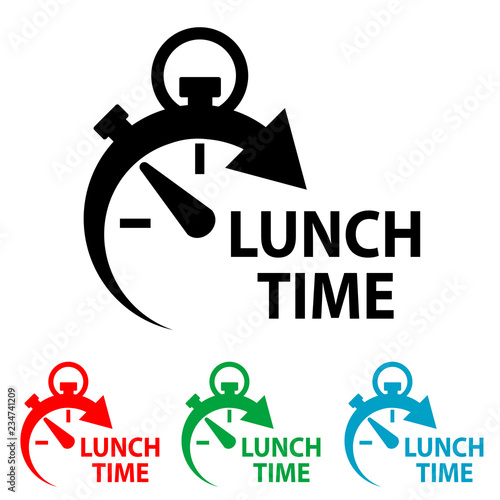 Icono plano con reloj con texto LUNCH TIME en varios colores