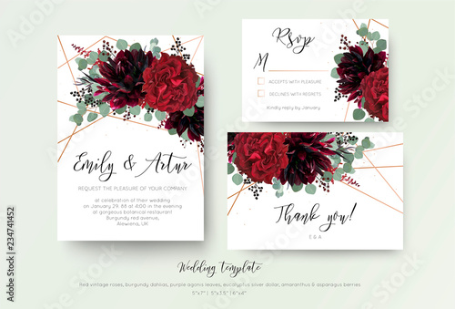 Wedding invite invitation, rsvp, thank you card floral design. Red rose flowe...
