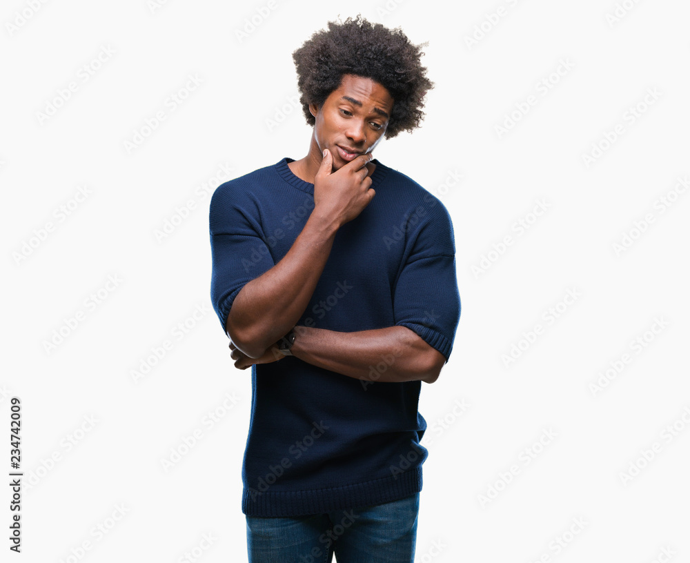 Afro american man over isolated background thinking looking tired and bored with depression problems with crossed arms. Afro american man over isolated background thinking looking tired and bored with depression problems with crossed arms.