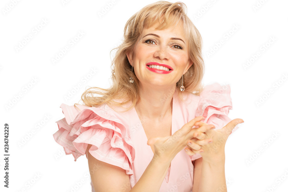 Beautiful smiling woman, close-up, isolated on white background Beautiful smiling woman, close-up, isolated on white background