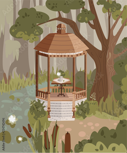 Small round classic wooden gazebo. Square white table on one leg. Bouquet in a vase on a tablecloth. Swamp in forest.