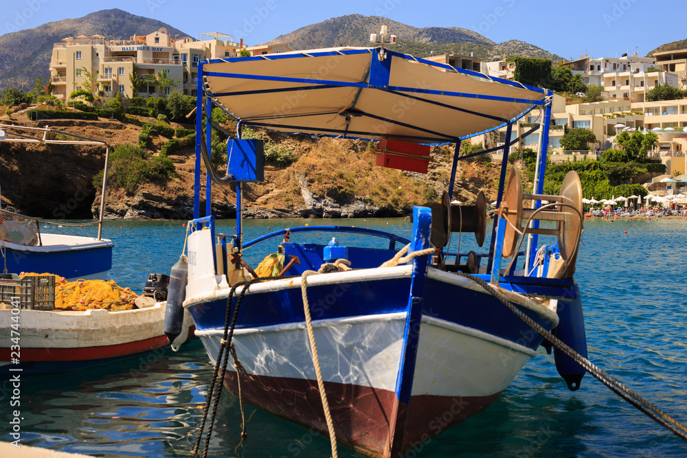 Fishing boat in the harbor of the Mediterranean close-up. Greece, Crete, Bali.