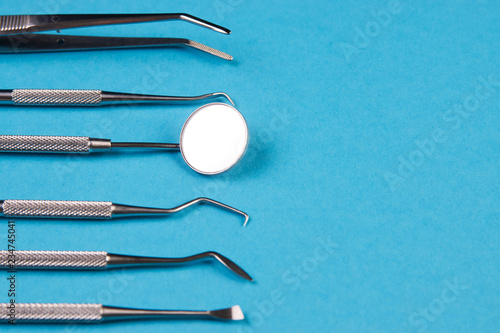 Professional Dentist tools in dental office close-up, top view