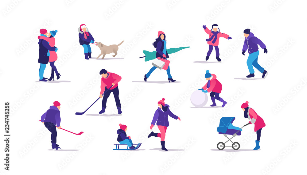 Winter time. Set of people strolling. Outdoor activities. Vector illustration.