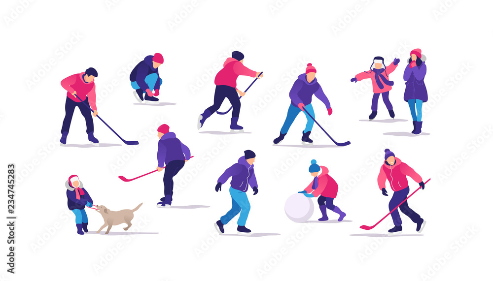 Fototapeta premium Winter time. People on the ice rink playing hockey and performing outdoor activities. Vector illustration.