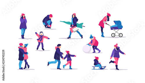 Winter time. Set of people strolling. Outdoor activities. Vector illustration.