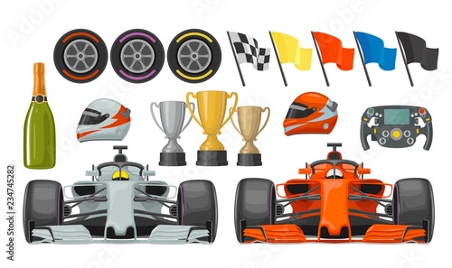 Set race flat icons. Helmet, champagne, cup, flag