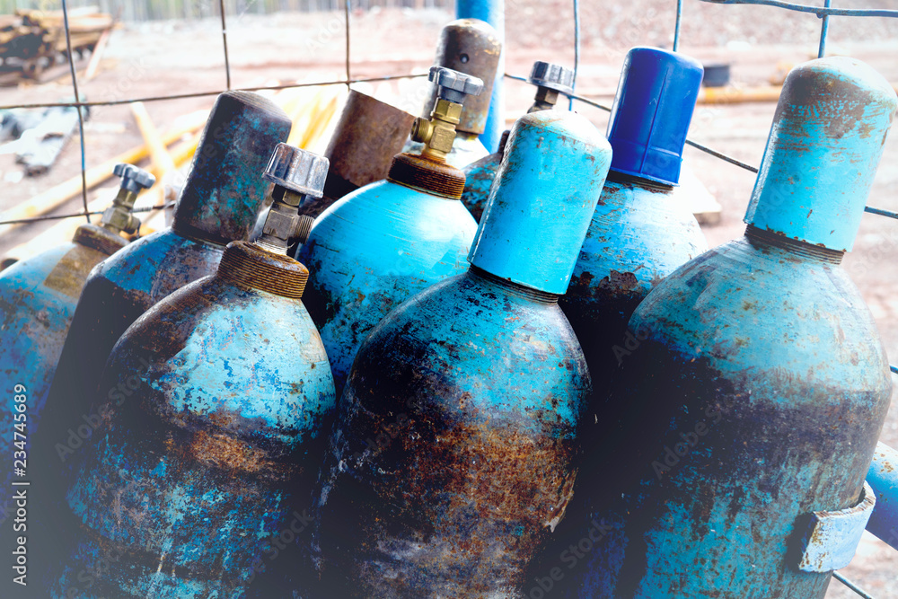 Natural gas in cylinders.Gas cylinders used welding Industrial in factory. Acetylene and gas