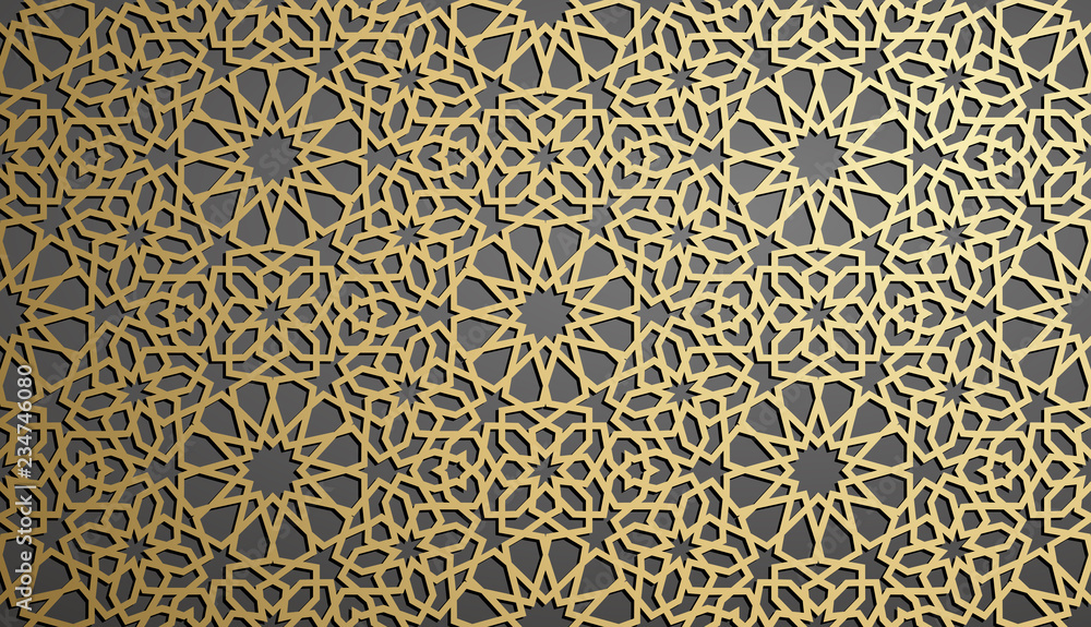 Islamic ornament vector , persian motiff . 3d ramadan islamic round pattern elements . Geometric circular ornamental arabic symbol vector . Gold background