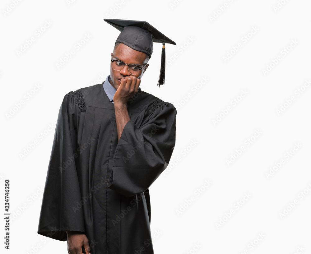 Young graduated african american man over isolated background looking stressed and nervous with hands on mouth biting nails. Anxiety problem. Young graduated african american man over isolated background looking stressed and nervous with hands on mouth biting nails. Anxiety problem.