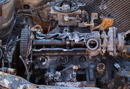 Closeup photo of a burn out car engine