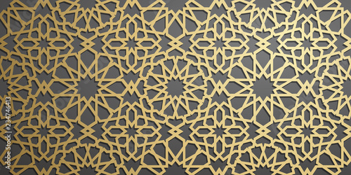 Islamic ornament vector   persian motiff . 3d ramadan islamic round pattern elements . Geometric circular ornamental arabic symbol vector . Gold background