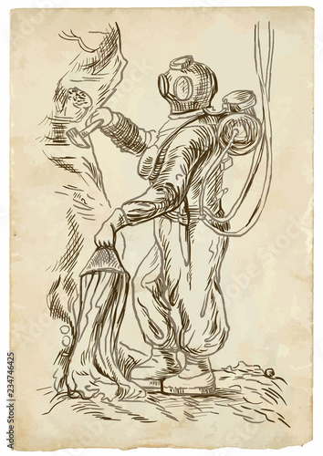 diver - an hand drawn illustration in vintage style