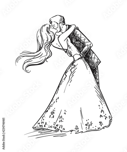 Wedding couple kissing, vector sketch.