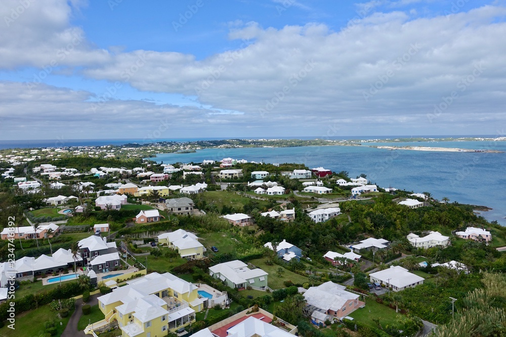 View of rooftops and ocean in Bermuda