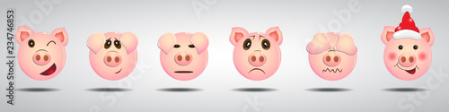 Set of funny pig characters in different emotions. Vector illustration