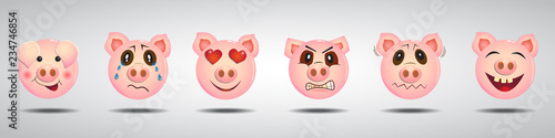Set of funny pig characters in different emotions. Vector illustration
