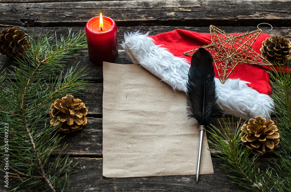 Obraz premium Letter to Santa Claus mockup. Christmas to do list template. Christmas or new year flat lay background with copy space.