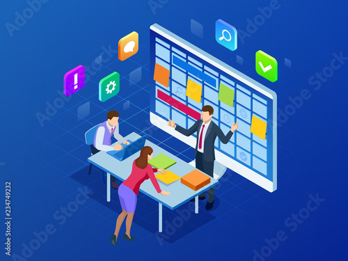 Isometric online weekly schedule and calendar planner organization management on smartphone or tablet. Online business workflow, time management, planning, task app, teamwork, and meeting.
