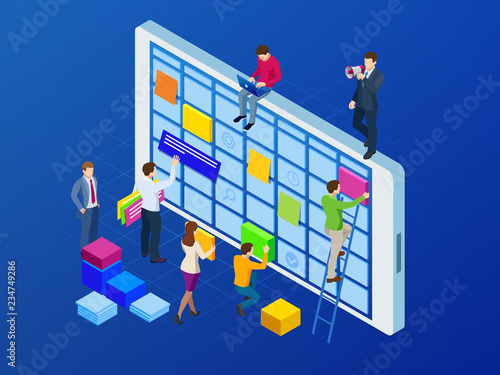 Isometric online weekly schedule and calendar planner organization management on smartphone or tablet. Online business workflow, time management, planning, task app, teamwork, and meeting.