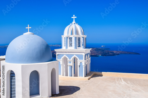 Church in Firostefani, Santorini Island, Greece, with view over volcanic caldera