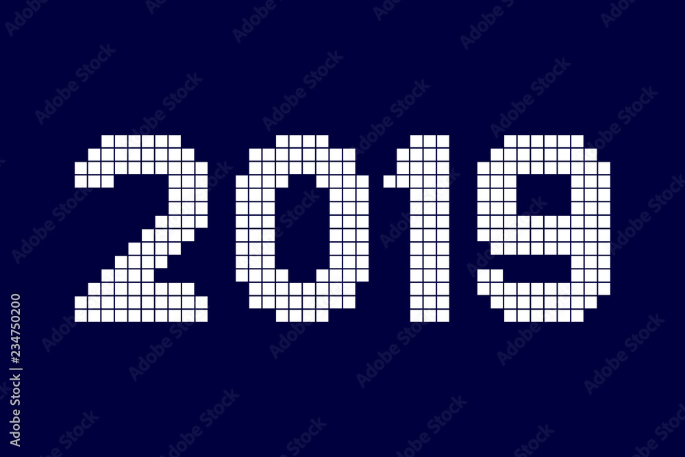 Pixel date 2019. Blue background. Vector image. Pixel date 2019. Blue background. Vector image.