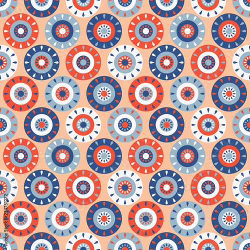 Abstract ornate circle pattern in cheerful bright colors, seamless vector repeat. Modern minimal style. Ideal for apparel & textile design, scrapbooking, wrapping paper, home decor and other surfaces.