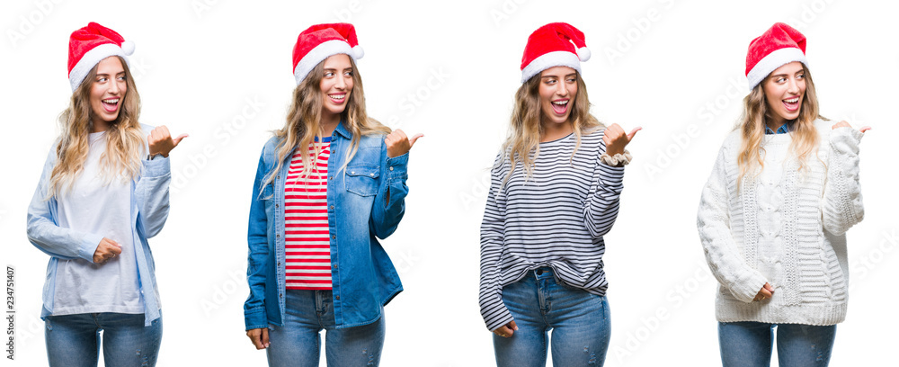 Young beautiful young woman wearing christmas hat over white isolated background smiling with happy face looking and pointing to the side with thumb up.