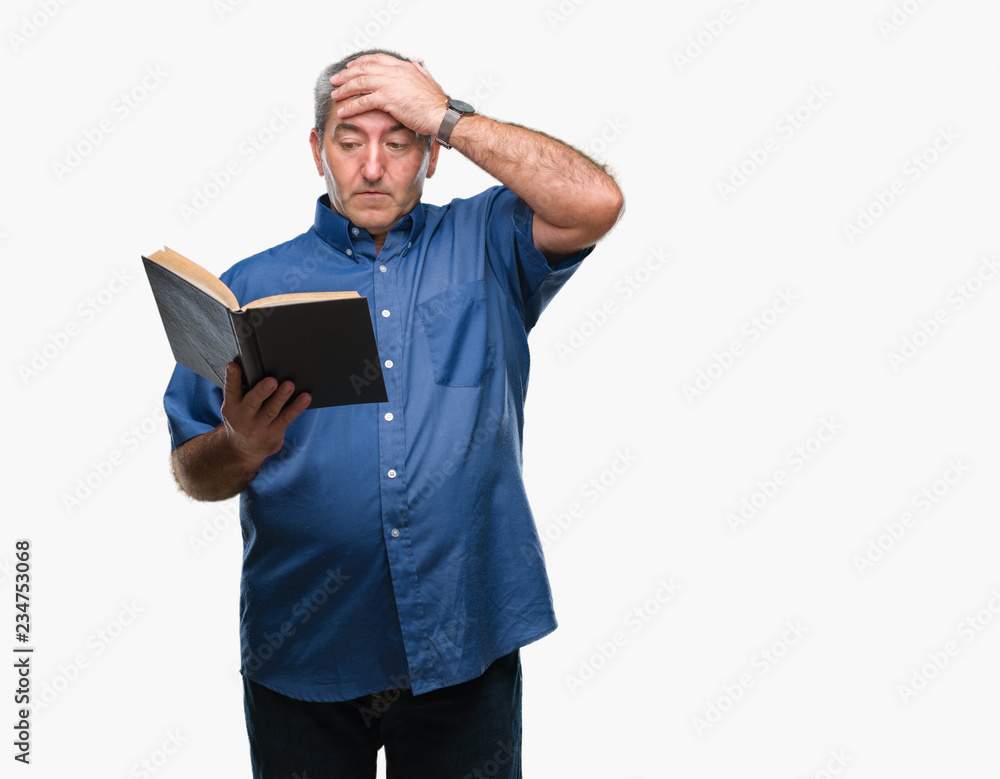 Handsome senior teacher man reading a book over isolated background stressed with hand on head, shocked with shame and surprise face, angry and frustrated. Fear and upset for mistake. Handsome senior teacher man reading a book over isolated background stressed with hand on head, shocked with shame and surprise face, angry and frustrated. Fear and upset for mistake.