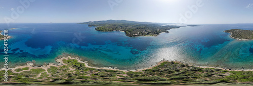 Drone aerial 360 panorama of island near sea shore