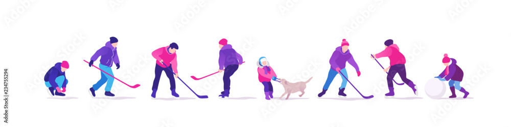 Naklejka premium Winter time. People on the ice rink playing hockey. Outdoor activities. Vector illustration.