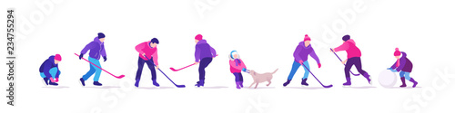 Winter time. People on the ice rink playing hockey. Outdoor activities. Vector illustration.