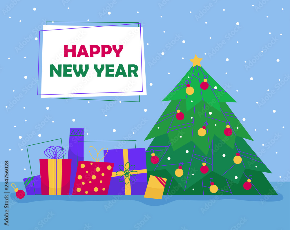 Hapy New Year. Green tree with toys on the blue background, snow, gifts for Christmas. Vector flat illustration.