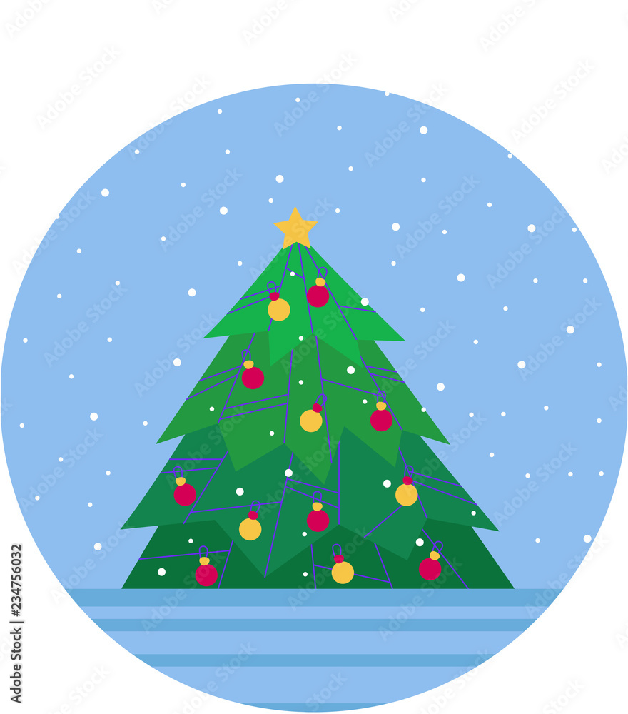 New Year. Green Christmas tree decorated with toys on a blue background. Snow. Vector flat illustration.
