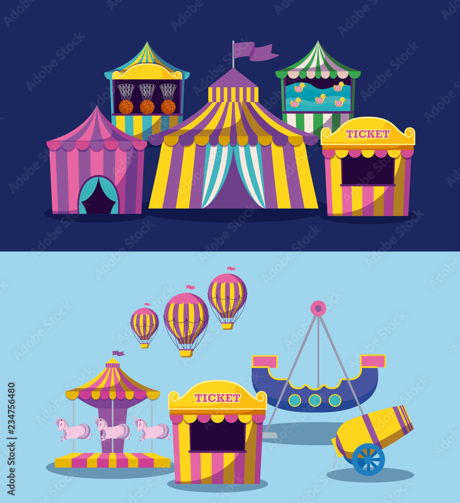 set circus tents with garlands isolated icon