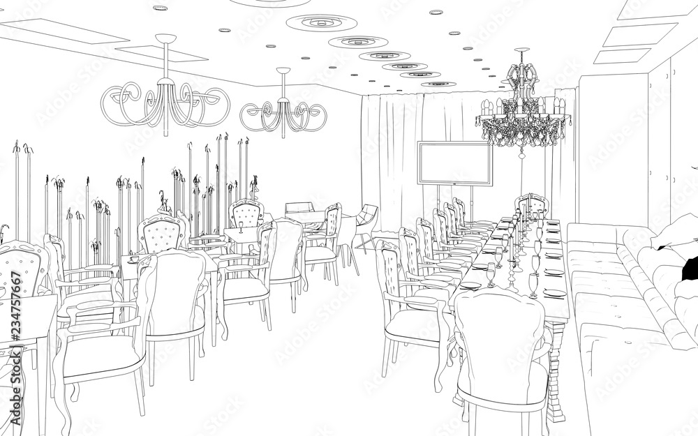 restaurant, 3D illustration, sketch, outline