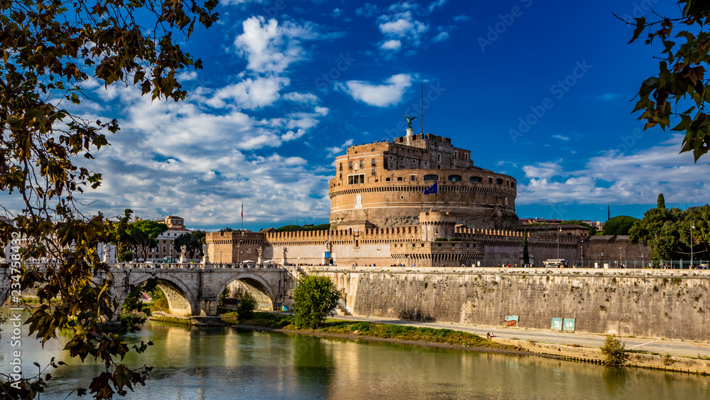 The Mausoleum of Roman Emperor Hadrian, usually known as Castel Sant'Angelo, with the eponymous bridge and the river Tiber, in Rome, near the Vatican. It was used by the popes as a fortress and castle
