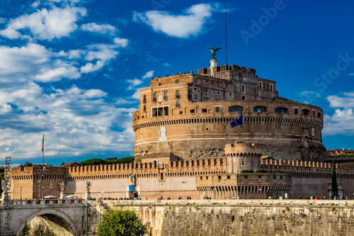 The Mausoleum of Roman Emperor Hadrian, usually known as Castel Sant'Angelo, with the eponymous bridge and the river Tiber, in Rome, near the Vatican. It was used by the popes as a fortress and castle