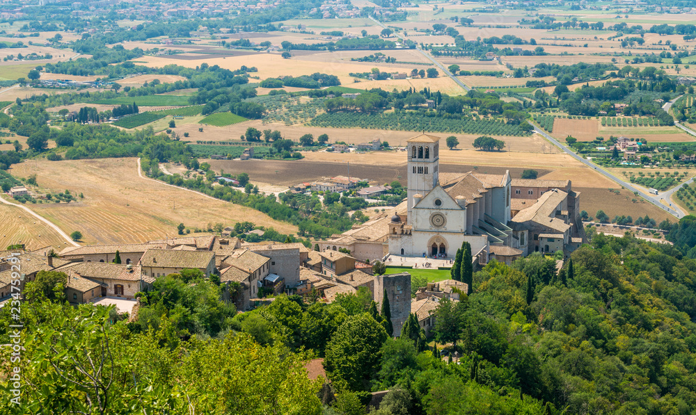 Panoramic view from the Rocca Maggiore, with the Saint Francis Basilica. Assisi, Umbria, Italy.