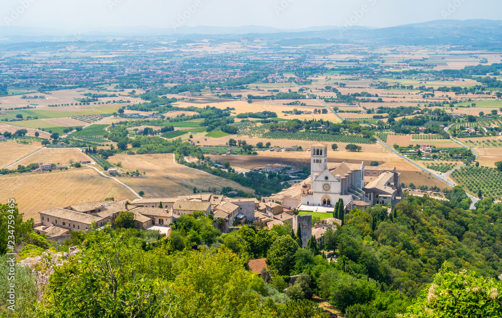 Panoramic view from the Rocca Maggiore, with the Saint Francis Basilica. Assisi, Umbria, Italy.