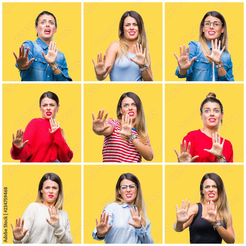 Collage of young beautiful woman over yellow isolated background afraid and terrified with fear expression stop gesture with hands, shouting in shock. Panic concept. Collage of young beautiful woman over yellow isolated background afraid and terrified with fear expression stop gesture with hands, shouting in shock. Panic concept.