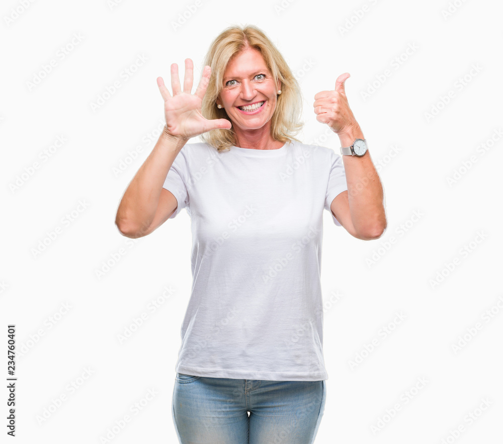 Middle age blonde woman over isolated background showing and pointing up with fingers number six while smiling confident and happy. Middle age blonde woman over isolated background showing and pointing up with fingers number six while smiling confident and happy.